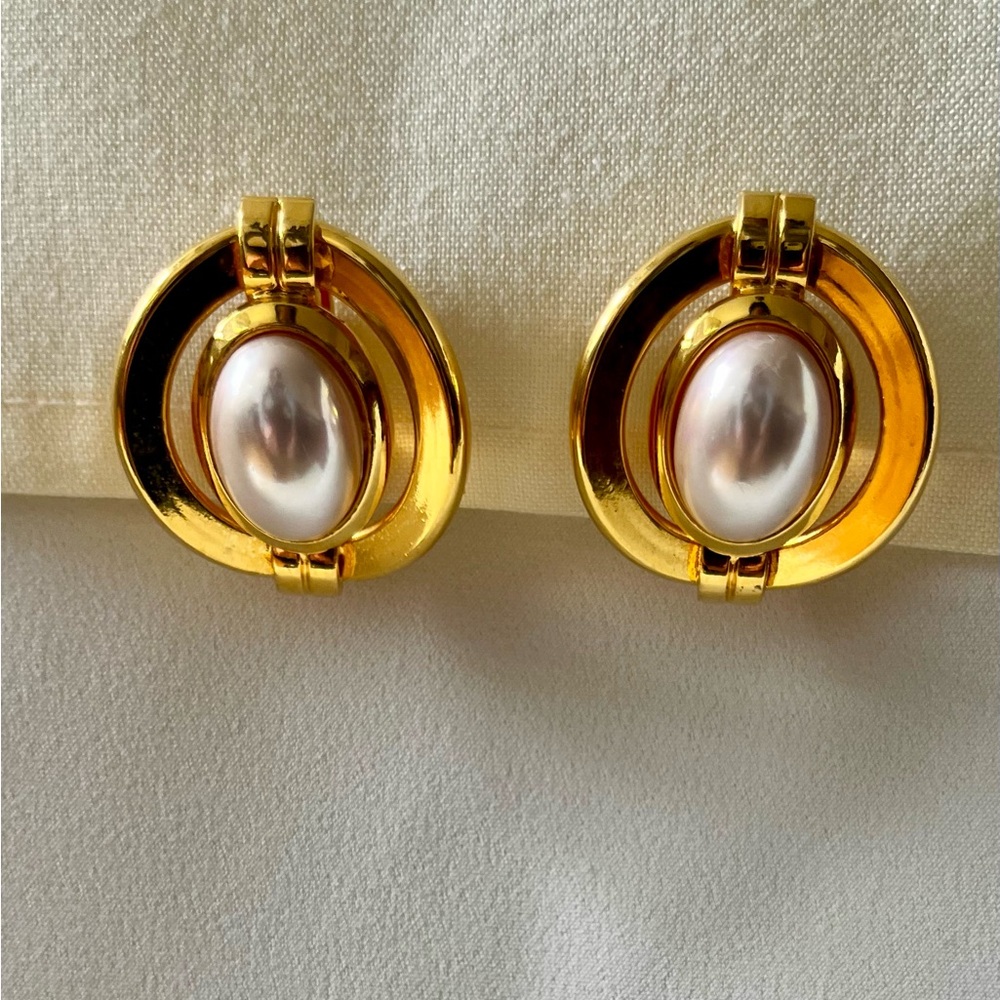 Gold Pearl Clip On Earrings - Picture 2 of 16